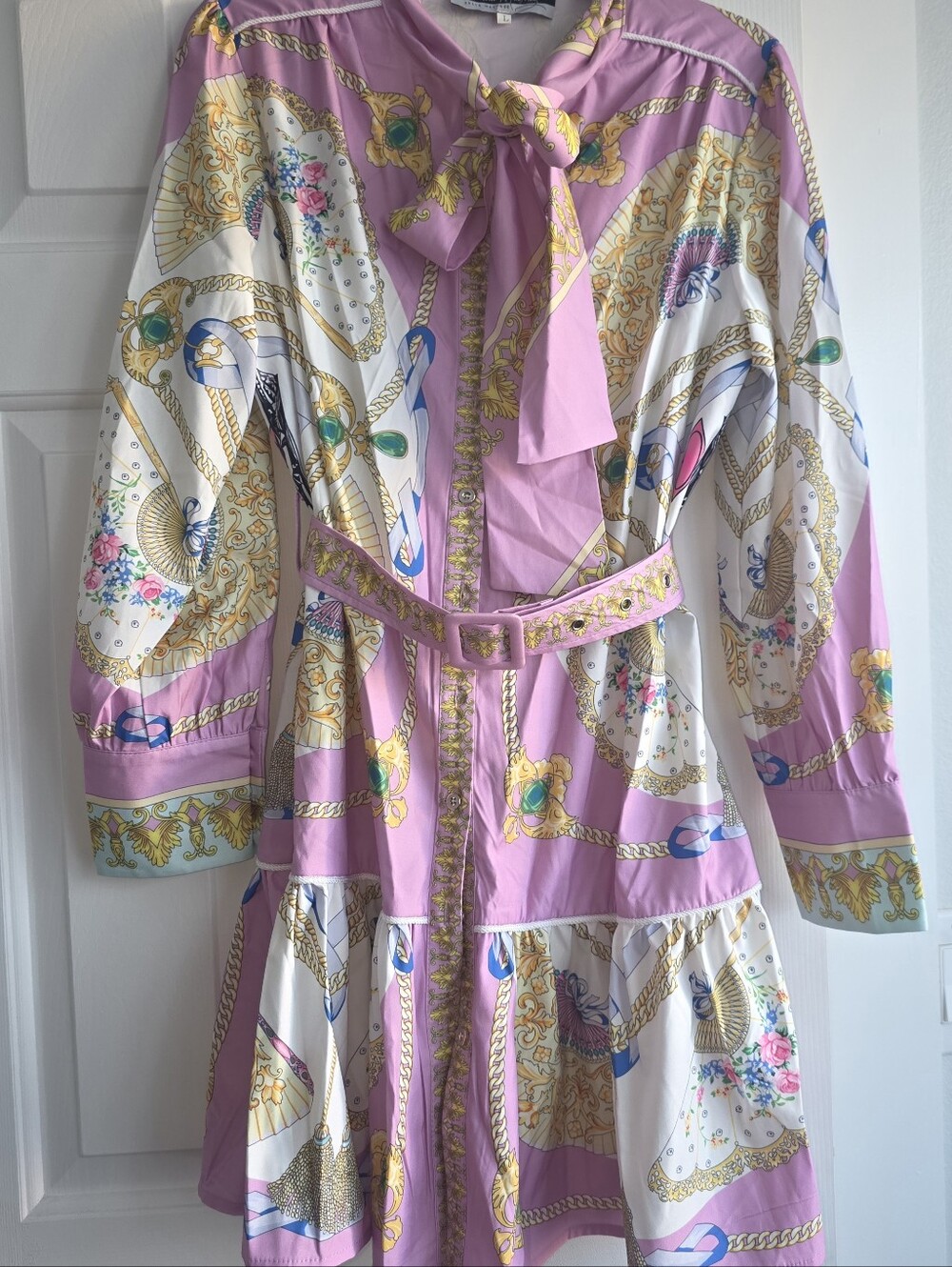 Dalia Pink Printed Tie-Neck Belted Mini Dress - Picture 5 of 6